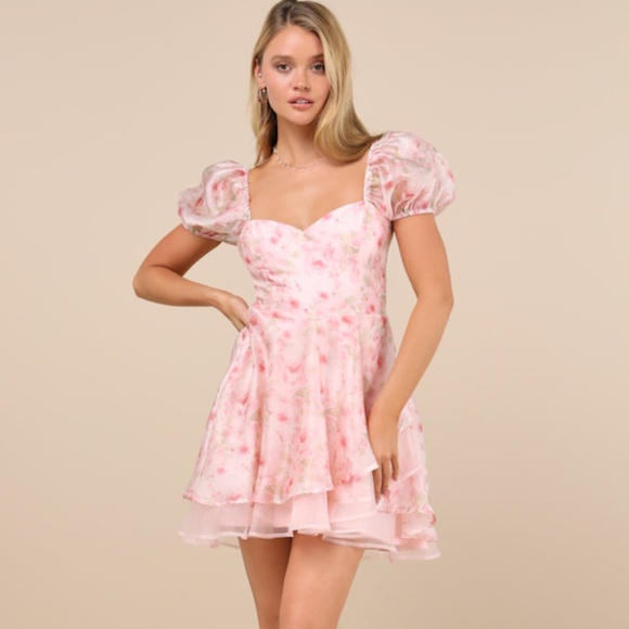 Lulus Captivating Sweetheart Pink Floral Tiered Puff Sleeve Mini Dress - Size L - Picture 1 of 2